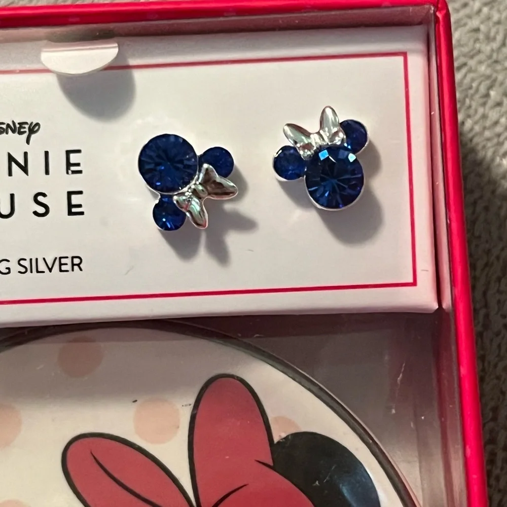 Minnie Mouse Dark Blue Crystal Stud Earrings in Sterling Silver & Trinket Dish